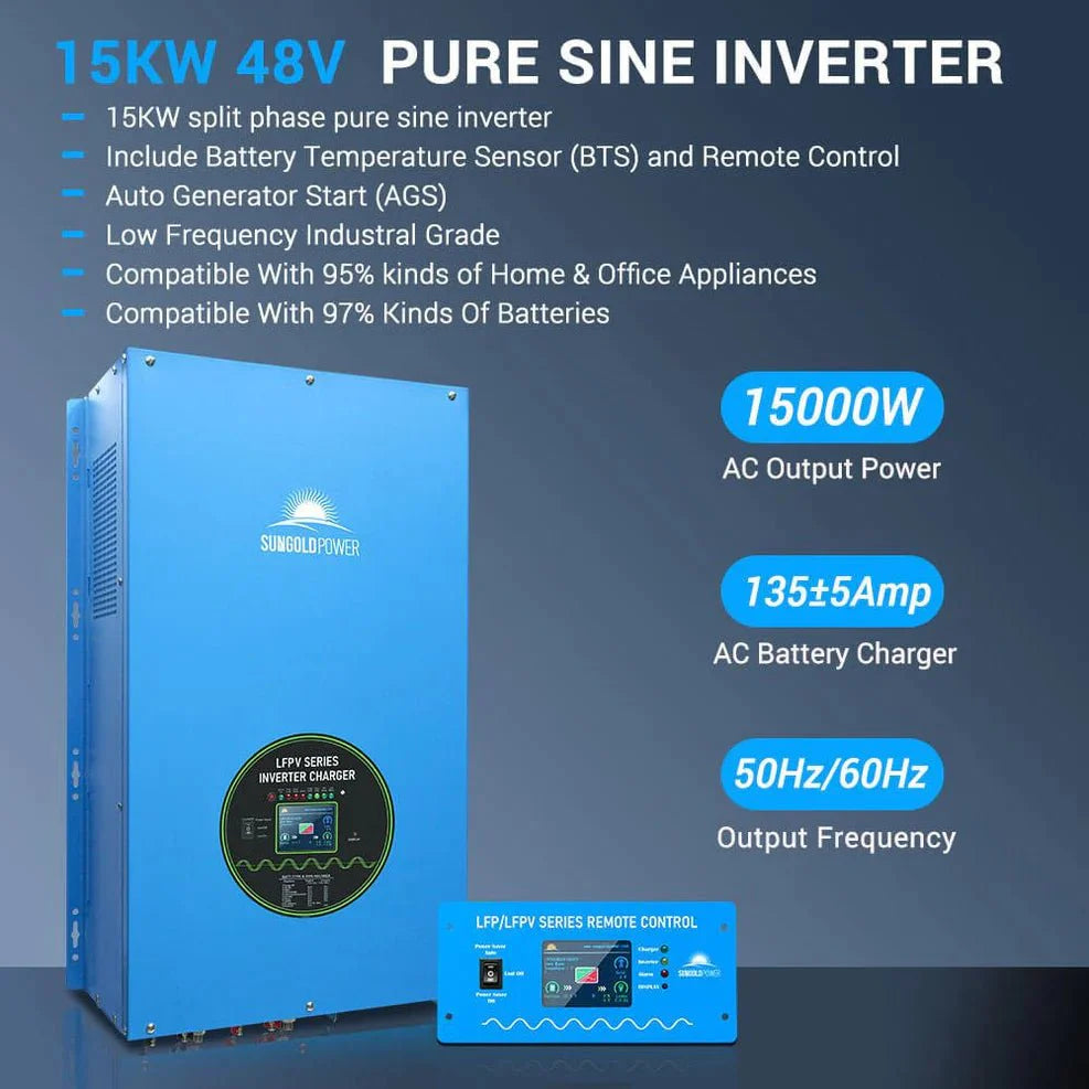 Off-Grid Solar Kits 12kW/15kW/18kW Options 120V/240V with 48v LiFePO4 Lithium Batteries & 415w Solar Panels SGR-18K20E