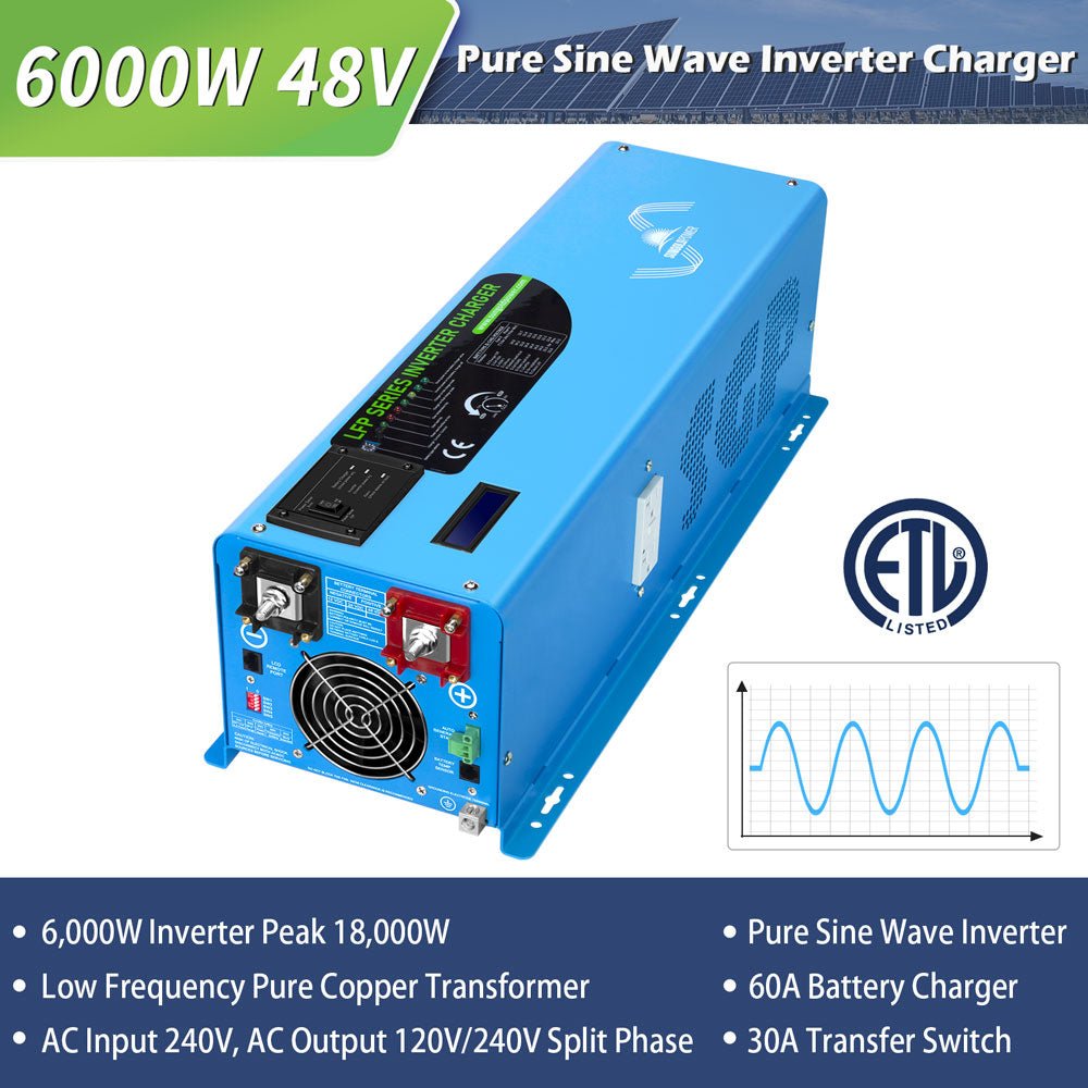 Off Grid Solar Kit 6000W 24/ 48VDC 120V/240V LifePO4 10.24KWH Lithium Battery 6 X 370 Watt Solar Panels SGK-PRO64/ SGK-PRO62