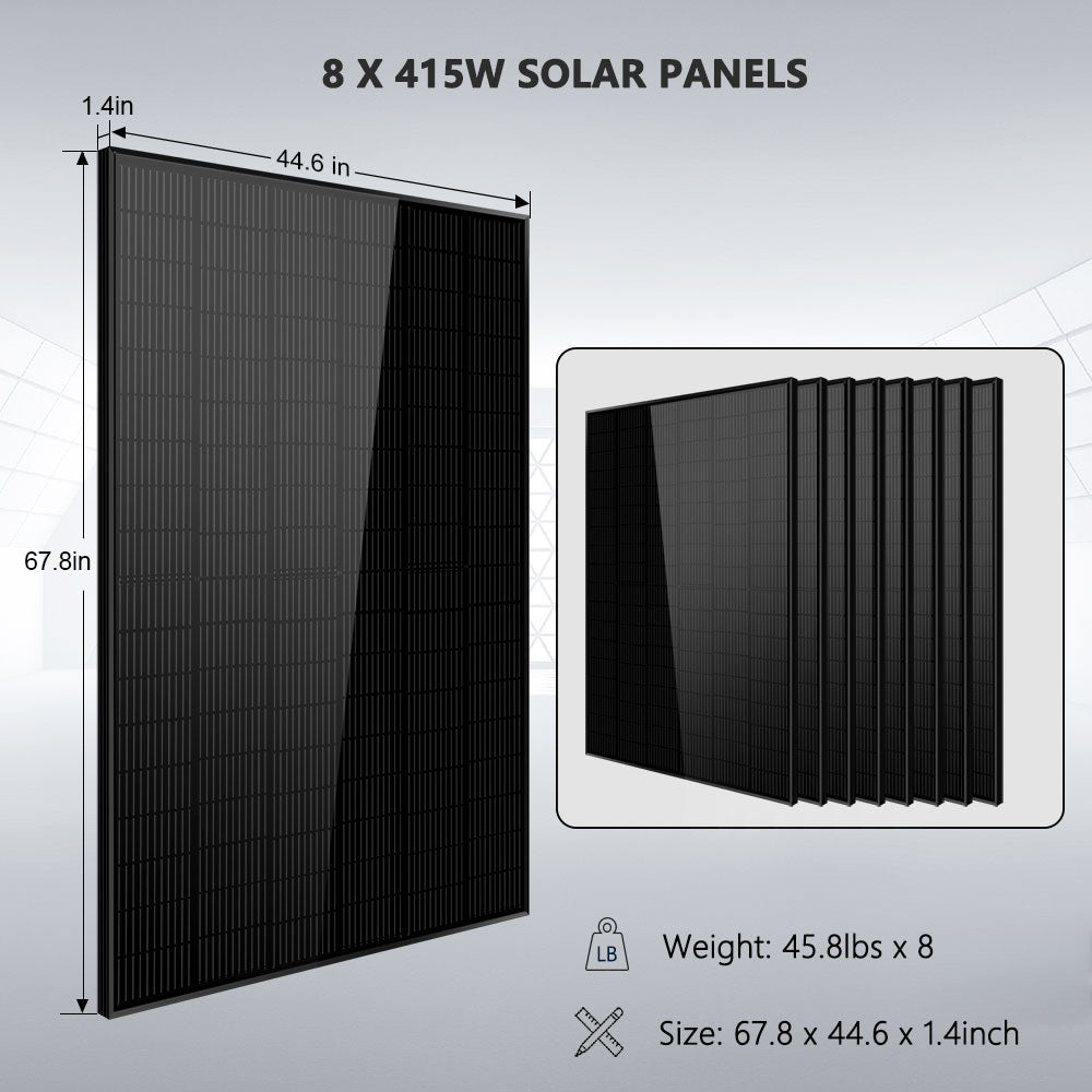 Off-Grid Solar Kit 8000W 48VDC 120V/240V LifePo4 10.24KWH-16.07KWH Lithium Battery 8 X 415 Watts Solar Panels SGR-8K10E