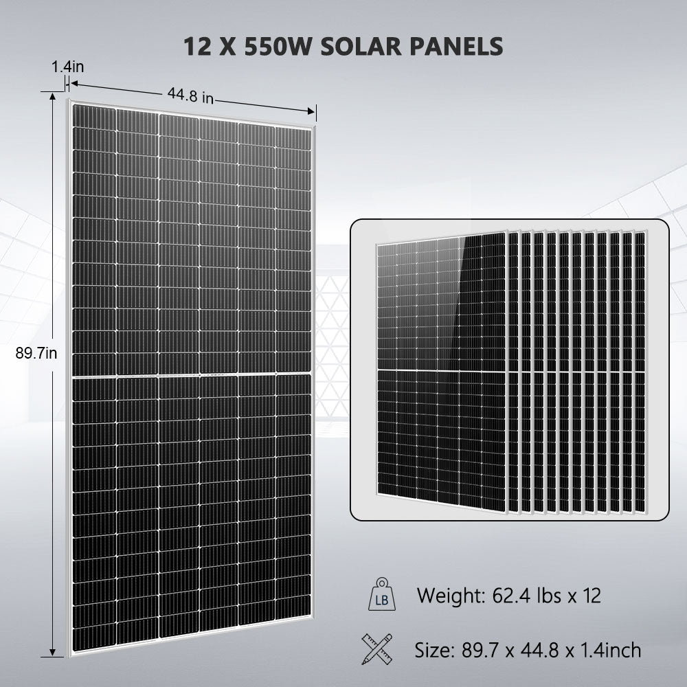 OFF GRID SOLAR KIT 12 X 550 WATTS SOLAR PANELS 20.48KWH-32.14KWH LITHIUM BATTERY 10KW SOLAR INVERTER 48VDC 120V/240V SGR-10K25S