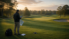 Golf course superintendent reviewing a course plan on a fairway