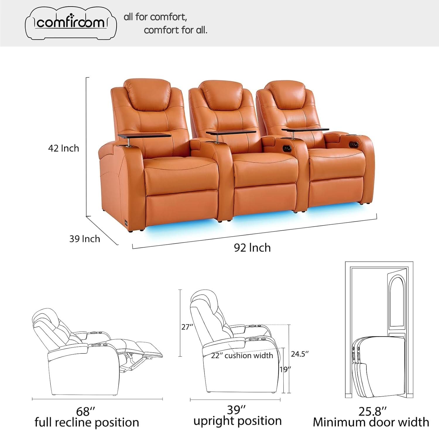 Top Grain Leather Home Theater Seating Row Of Three