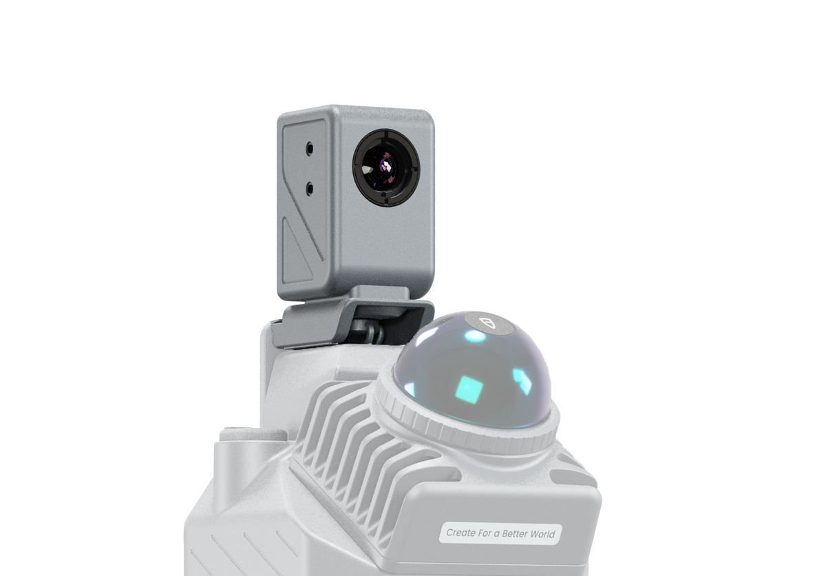 Close-up of the FJD Trion P2 Vision+ thermal imaging module above the LiDAR head