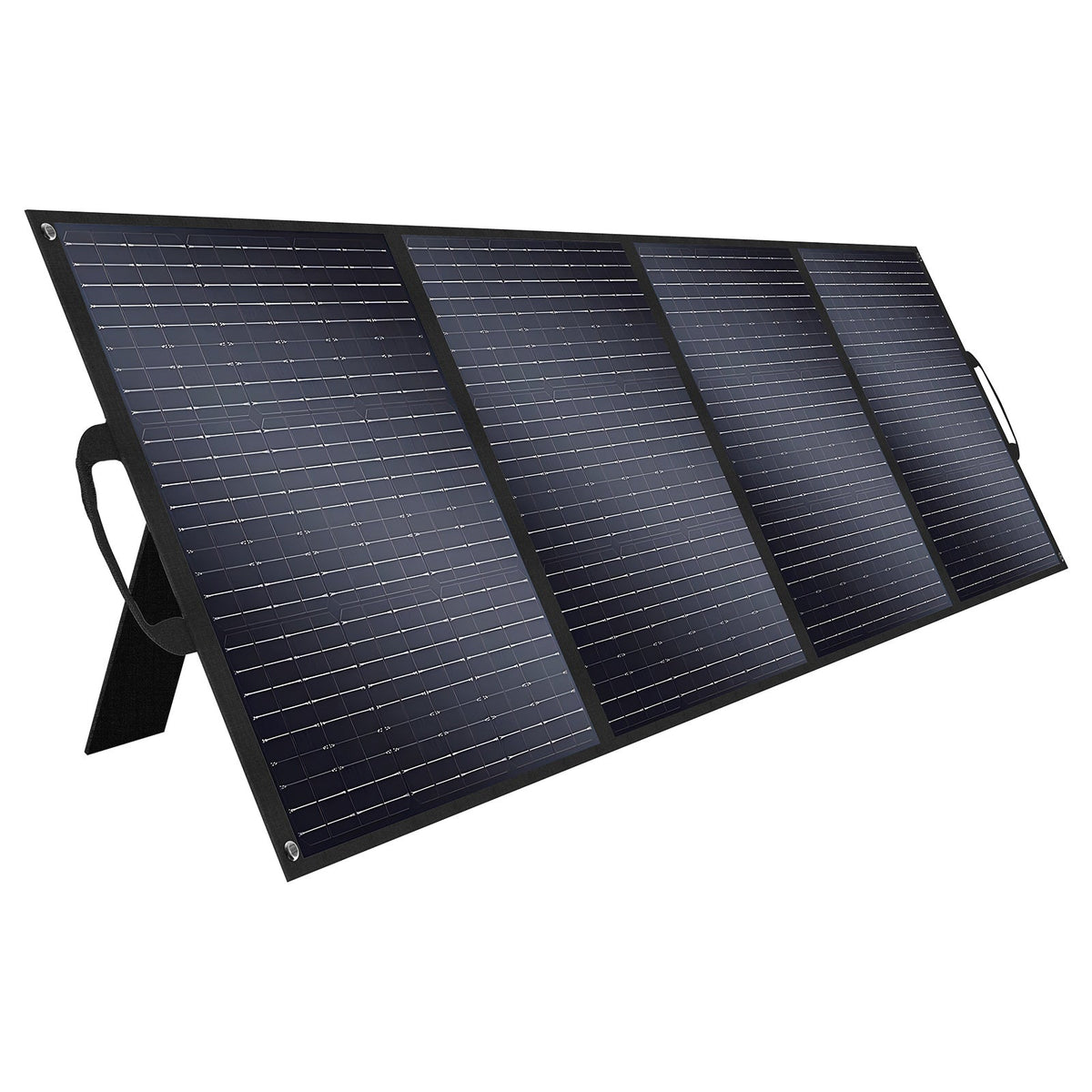 SolarPlay 400W foldable solar panel with carry handle and kickstand on a white background