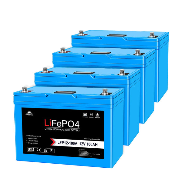 SunGoldPower 12V 100Ah LiFePO4 Battery - 4-Pack, Self-Heating