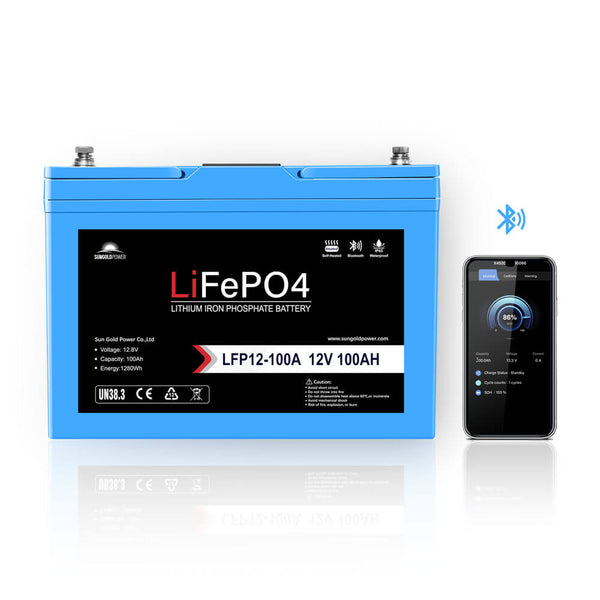 SunGoldPower 12V 100Ah LiFePO4 Battery - Bluetooth, Self-Heating