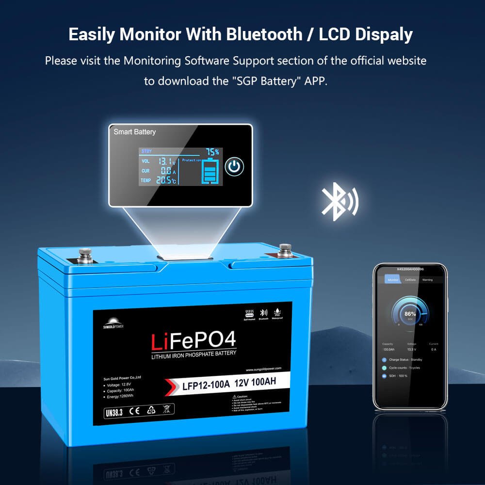 2 X 12V 100AH LiFePO4 Deep Cycle Lithium Battery / Bluetooth /Self-heating / IP65