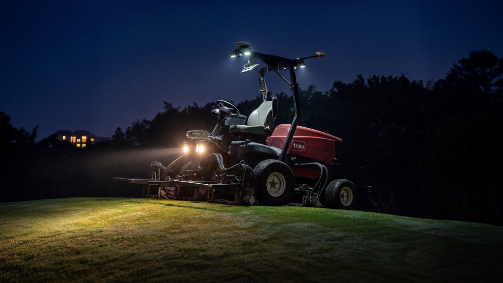 Fairway mower with FJD ATX mowing at night with work lights