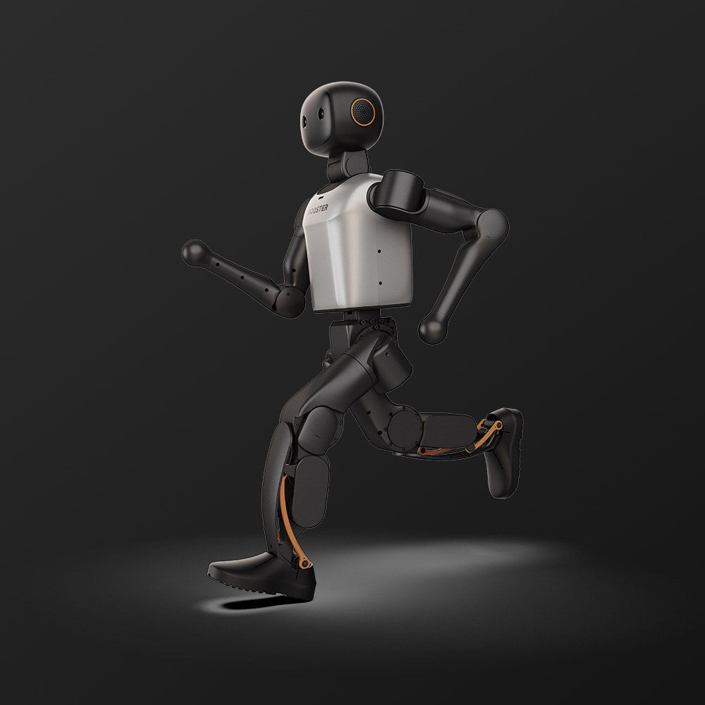 Booster K1 humanoid robot running in profile, showing leg and arm joints