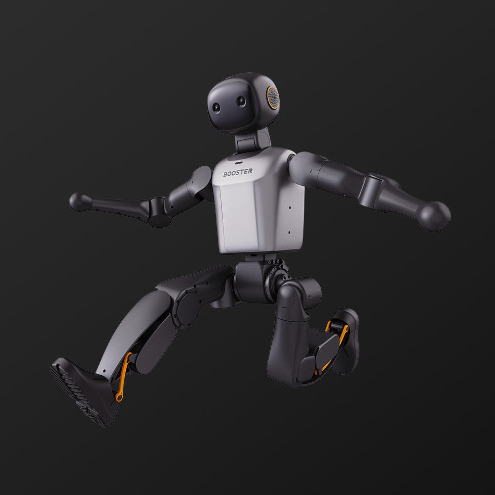 Booster K1 humanoid robot mid-jump with arms outstretched