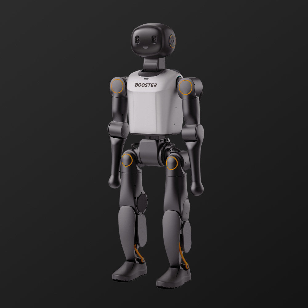 Booster K1 humanoid robot standing, full-body front view on a dark background