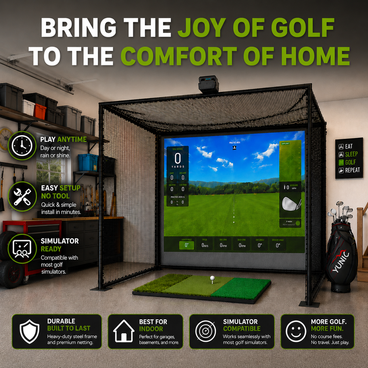 YUNIC Golf Driving Cage with Metal Frame and Simulator Impact Screen, image 2