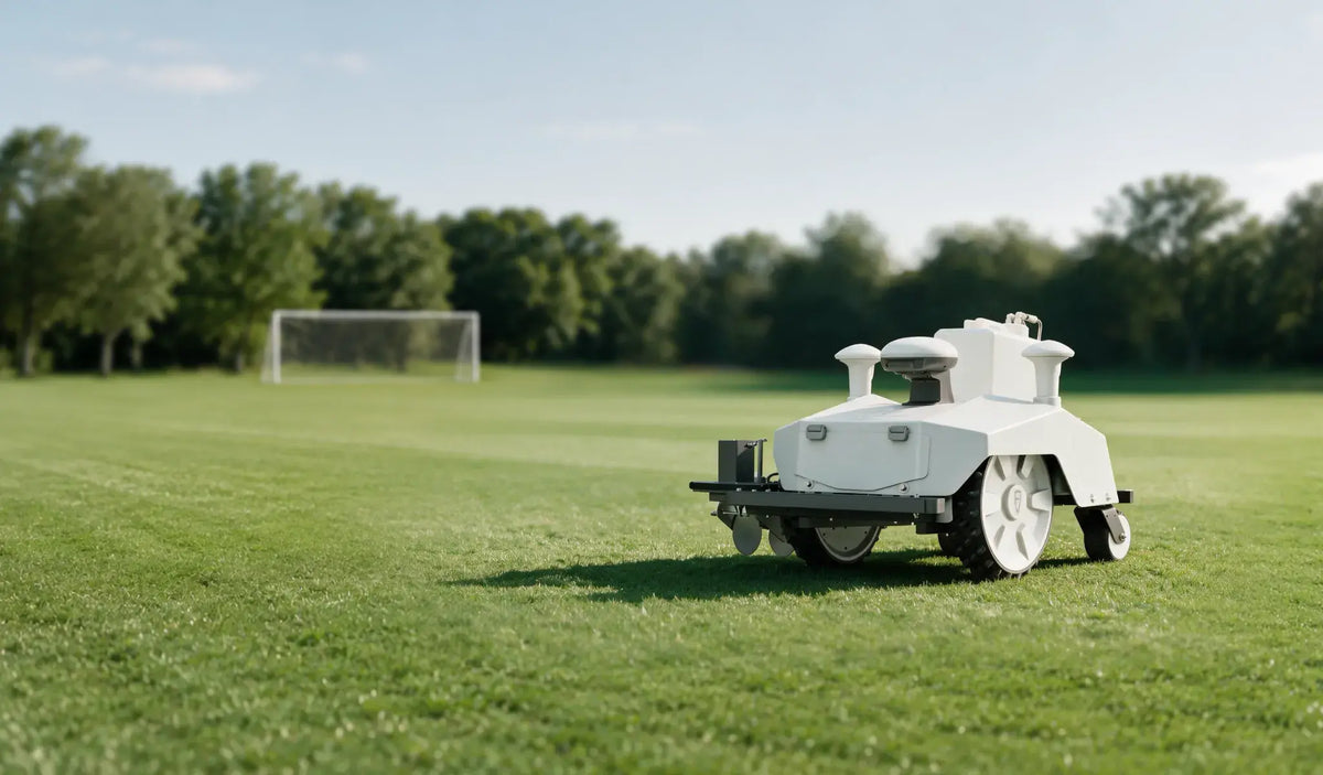 FJD PaintMaster Pro robotic line marker on a natural grass soccer field