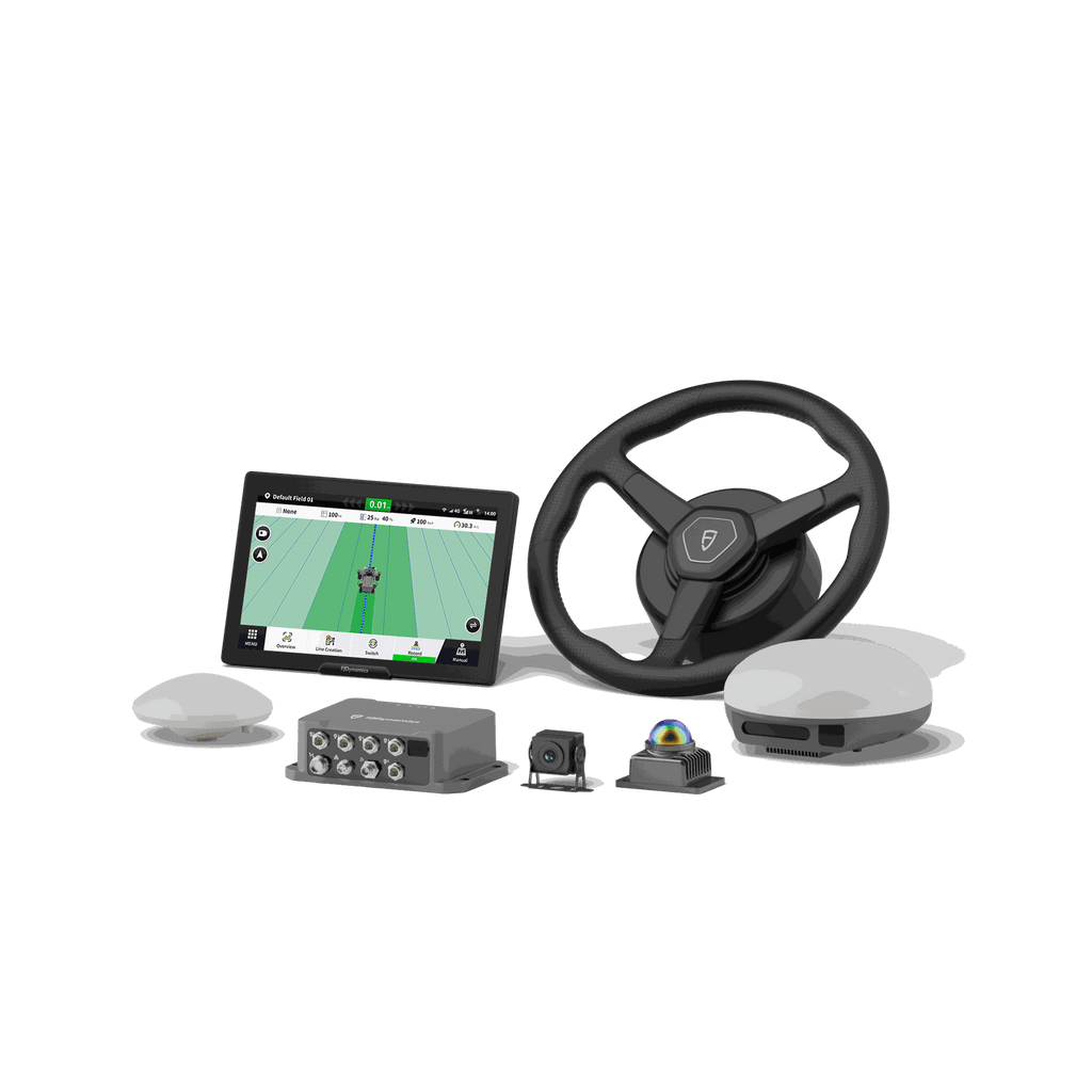 FJD ATX auto steering kit components: control terminal, steering wheel, GNSS antennas, LiDAR and sensors