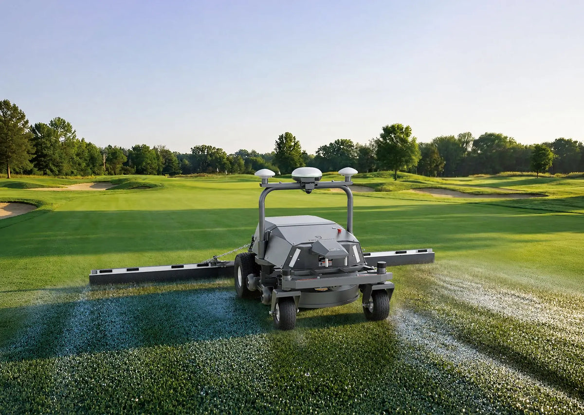 FJD robotic mower with DB01 dew brush kit brushing dew on a golf fairway