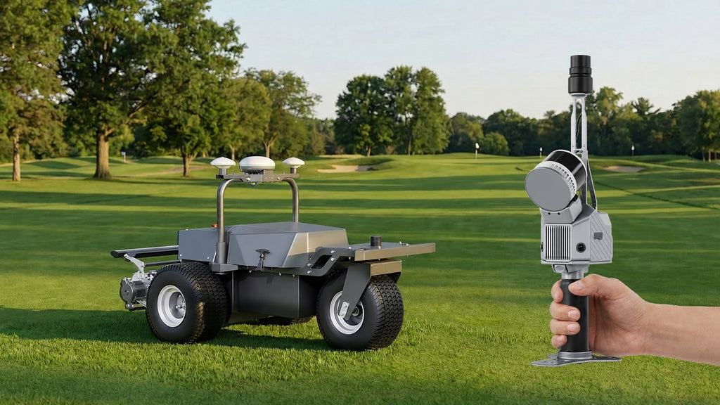 FJD Trion S2 handheld LiDAR scanner on a golf course next to an FJD robotic mower