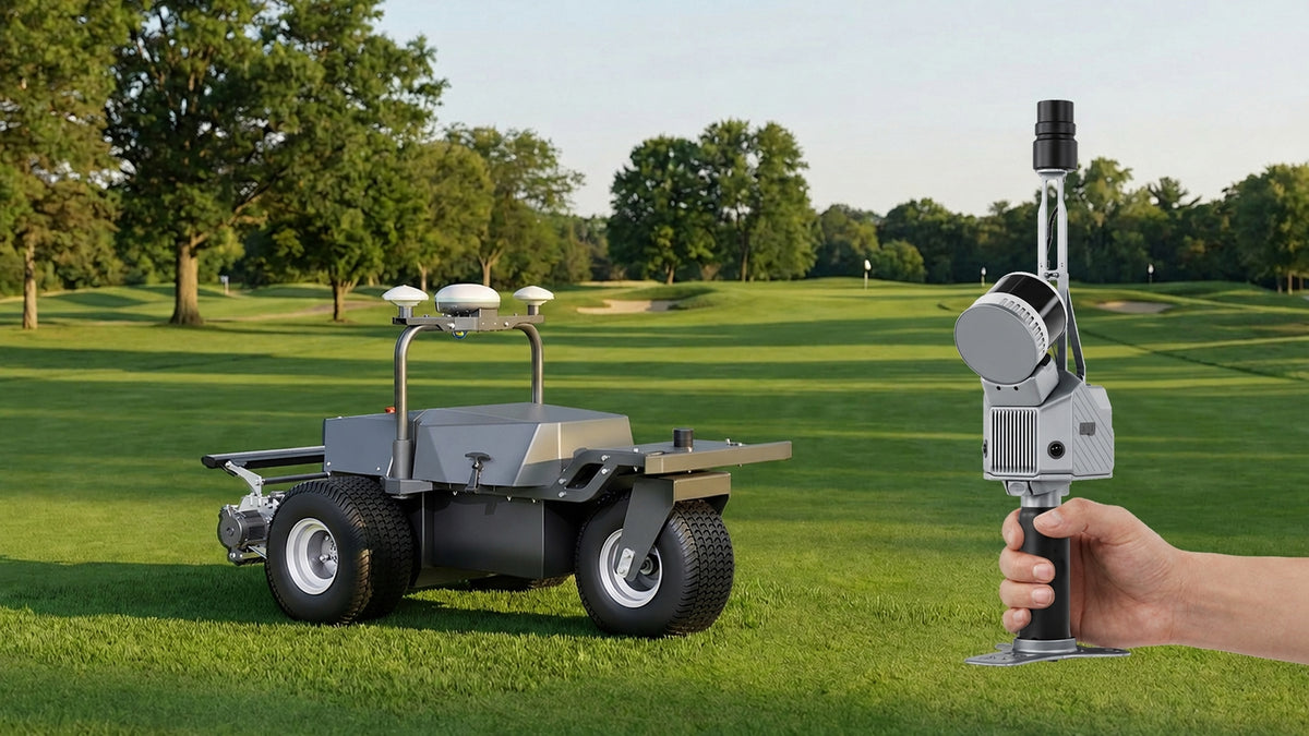FJD Trion S2 handheld LiDAR scanner on a golf course next to an FJD robotic mower