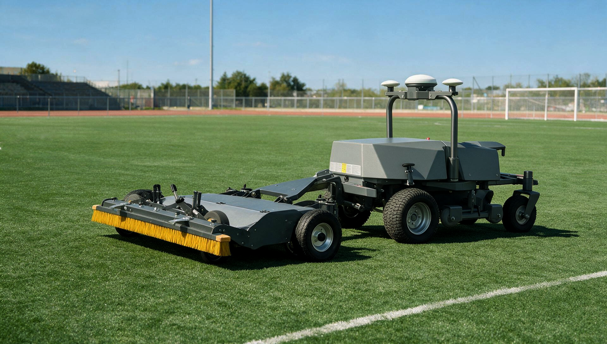 FJD Rough Ranger towing a synthetic turf care device on an artificial football field
