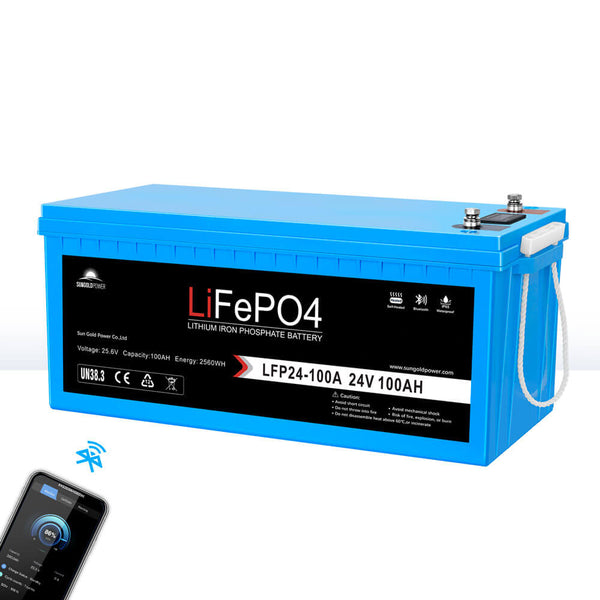 SunGoldPower 24V 100Ah LiFePO4 Battery - Bluetooth, Self-Heating
