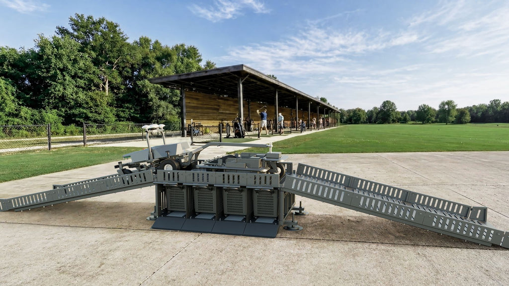 FJD BP02 ball unloading station with ramps at a driving range