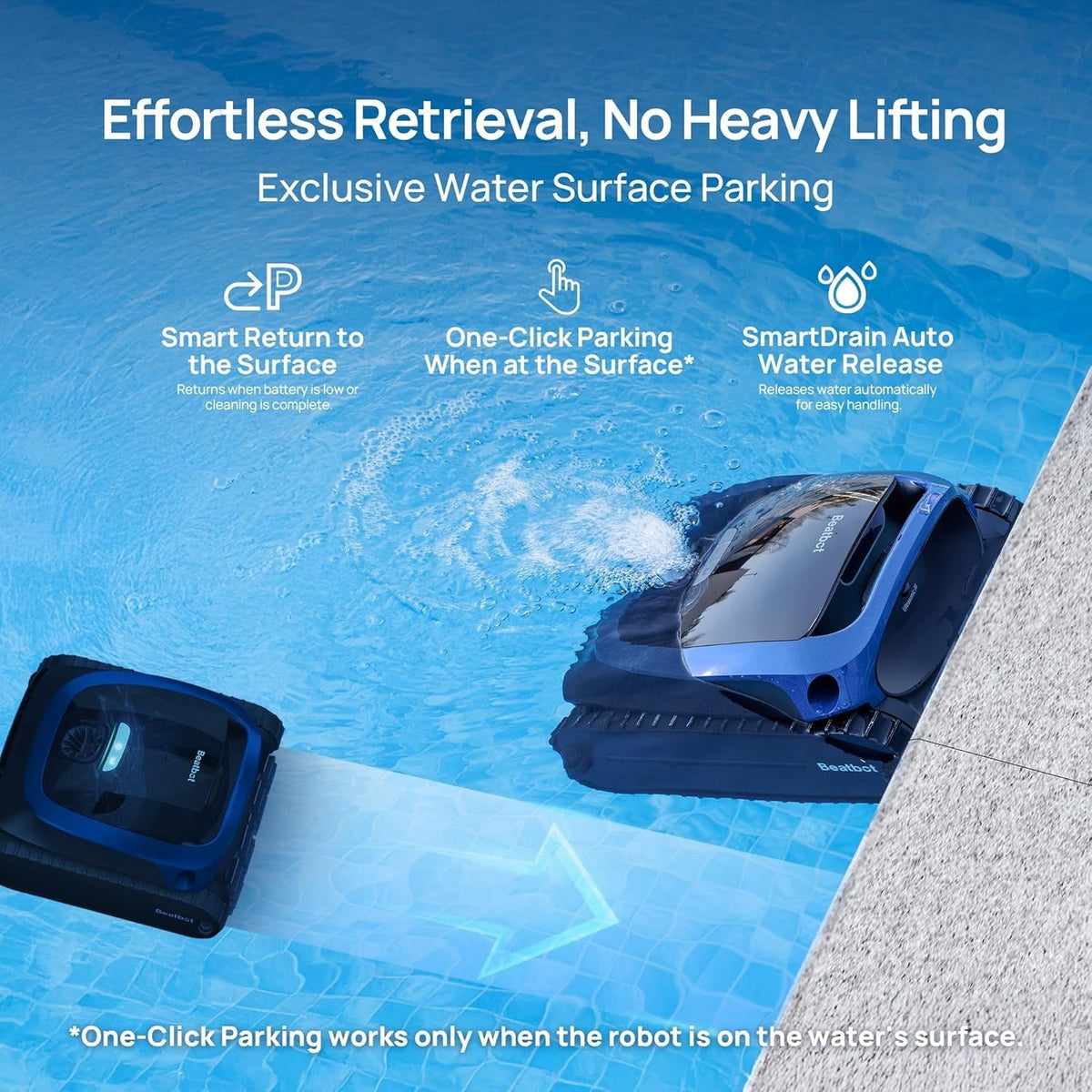 Graphic of the pool robot parked at the water surface for retrieval