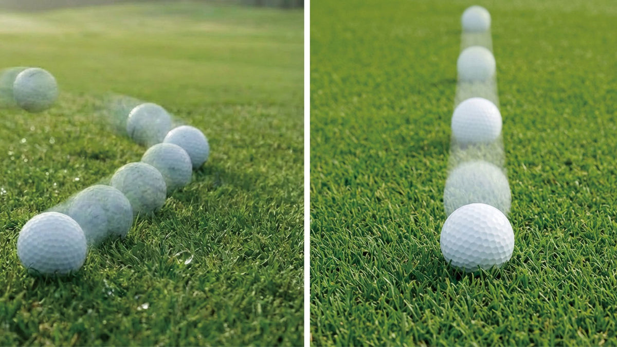 Side-by-side comparison of golf balls rolling on turf