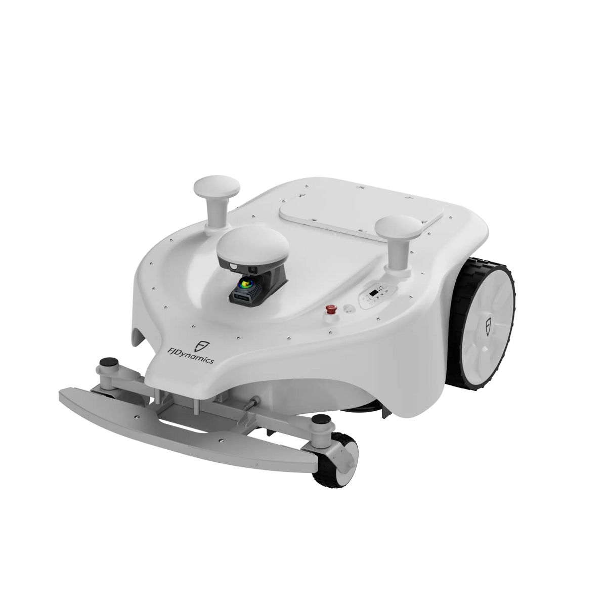 FJD Titan wide-cut robotic mower, white body, studio front three-quarter view