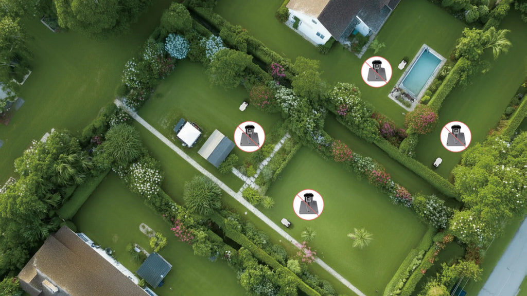 Aerial view of a property with several FJD FV2000 mowing zones