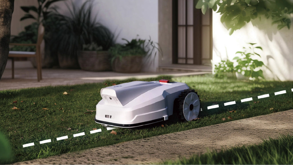 FJD FV2000 mowing along a garden path edge