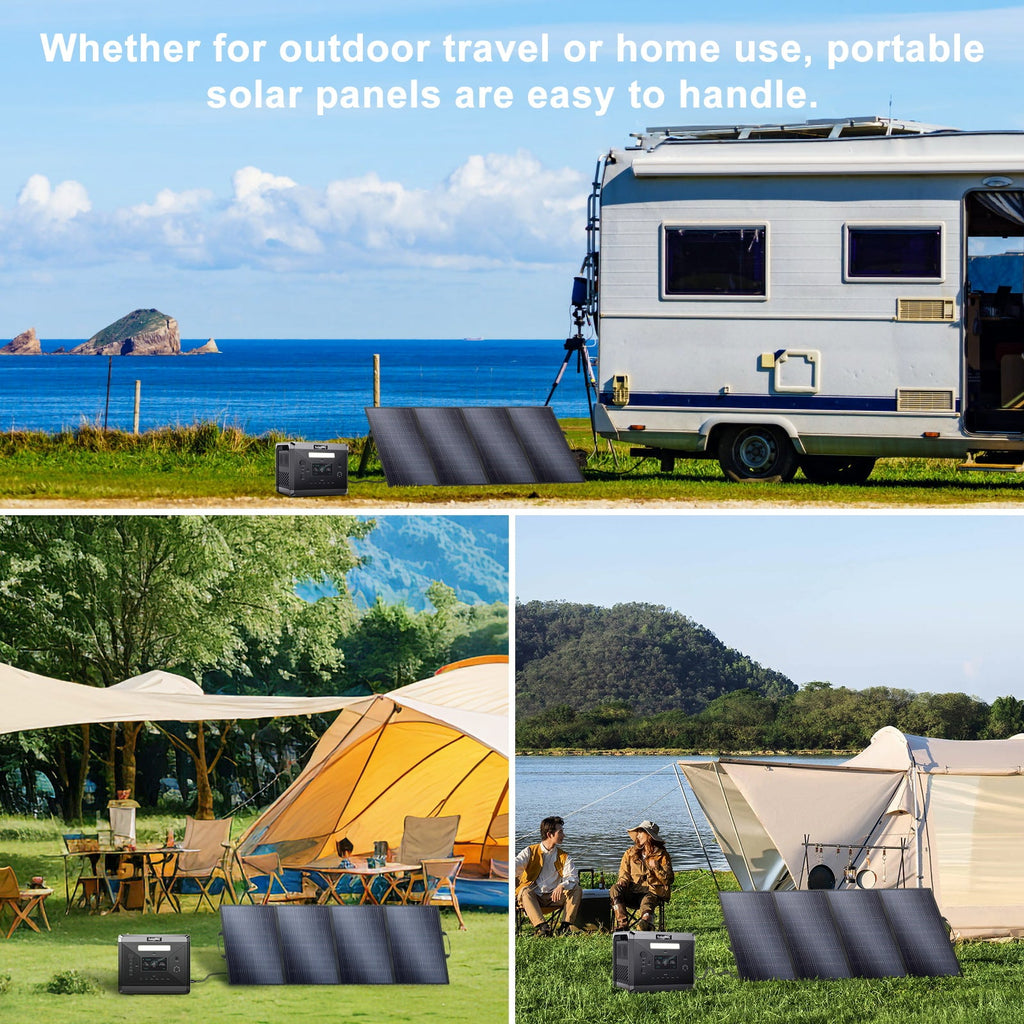 SolarPlay foldable solar panel set up at an RV, a tent and a lakeside campsite