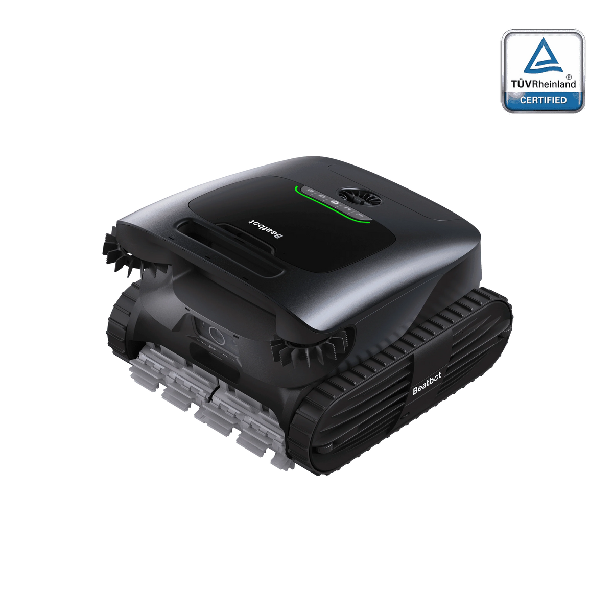 Beatbot robotic pool cleaner with a tracked body and roller brushes, shown with a TUV Rheinland certified badge