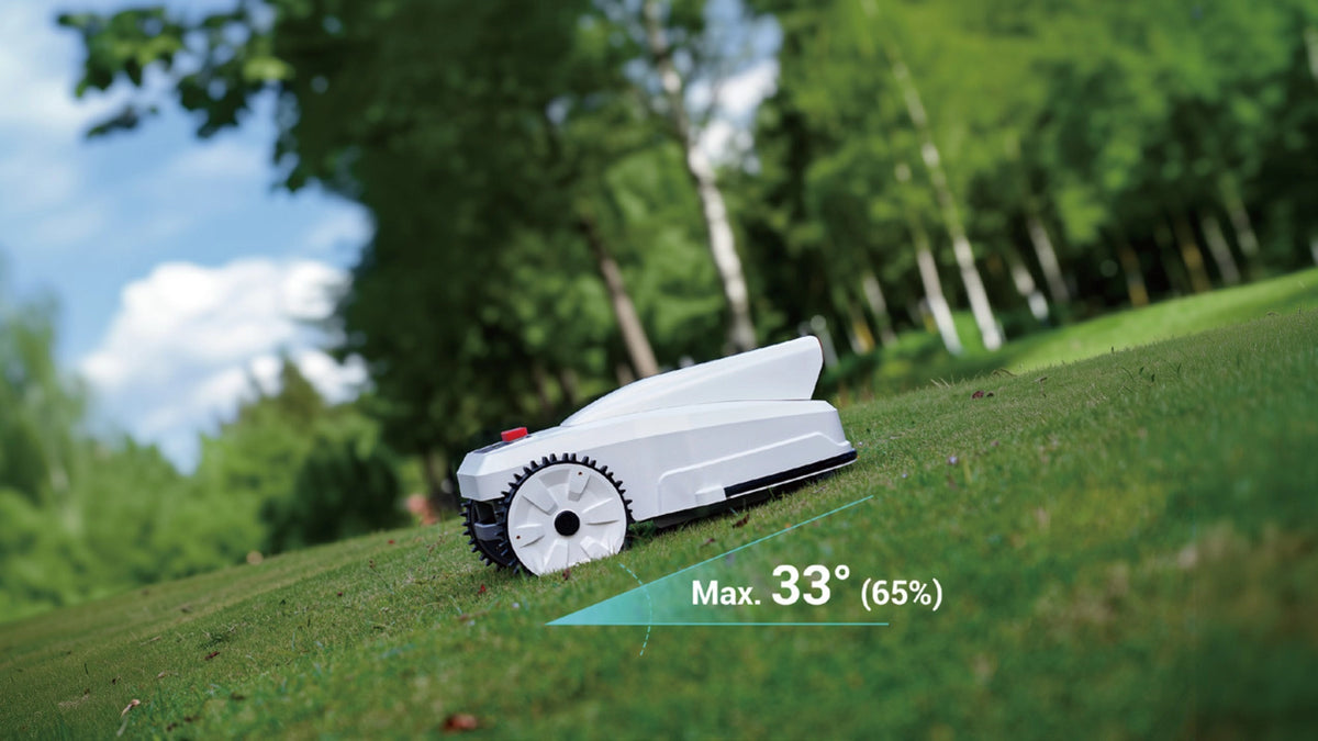 FJD FV2000 robotic mower climbing a 33-degree slope