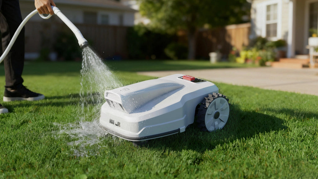 FJD FV2000 robotic lawn mower being rinsed with a garden hose on a lawn