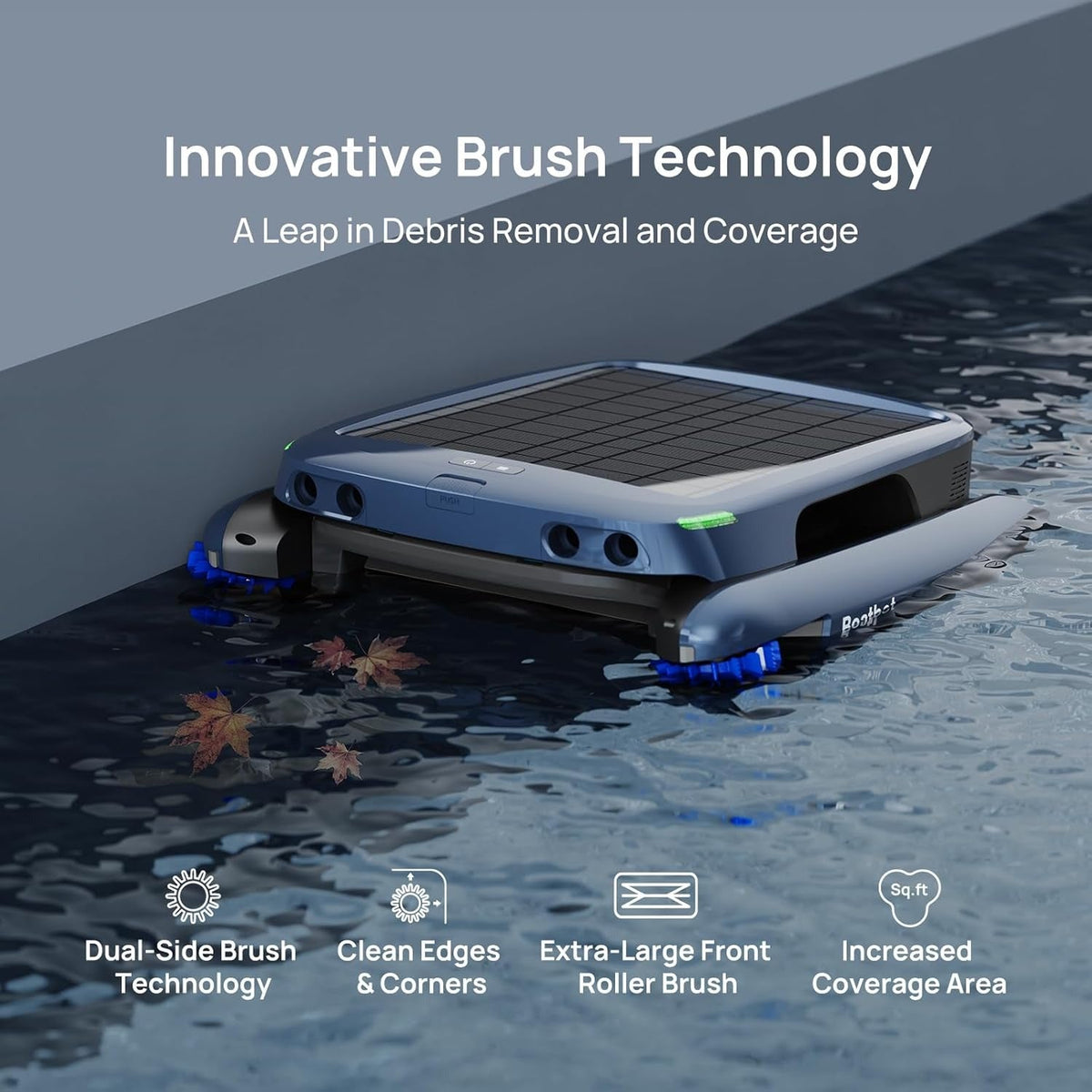 Beatbot iSkim solar skimmer with dual-side brushes and a front roller brush