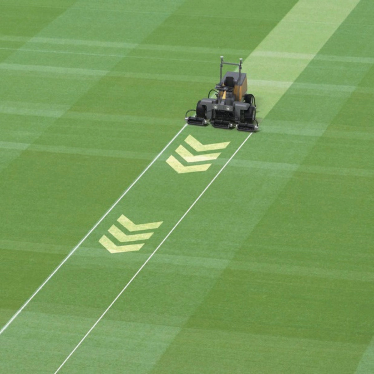 FJD MS100 straight-line mode producing parallel stripes on turf, aerial view
