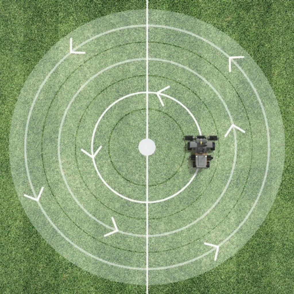 FJD MS100 pivot mode mowing concentric circles on turf, top-down view