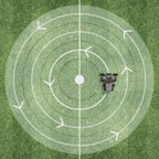 FJD MS100 pivot mode mowing concentric circles on turf, top-down view