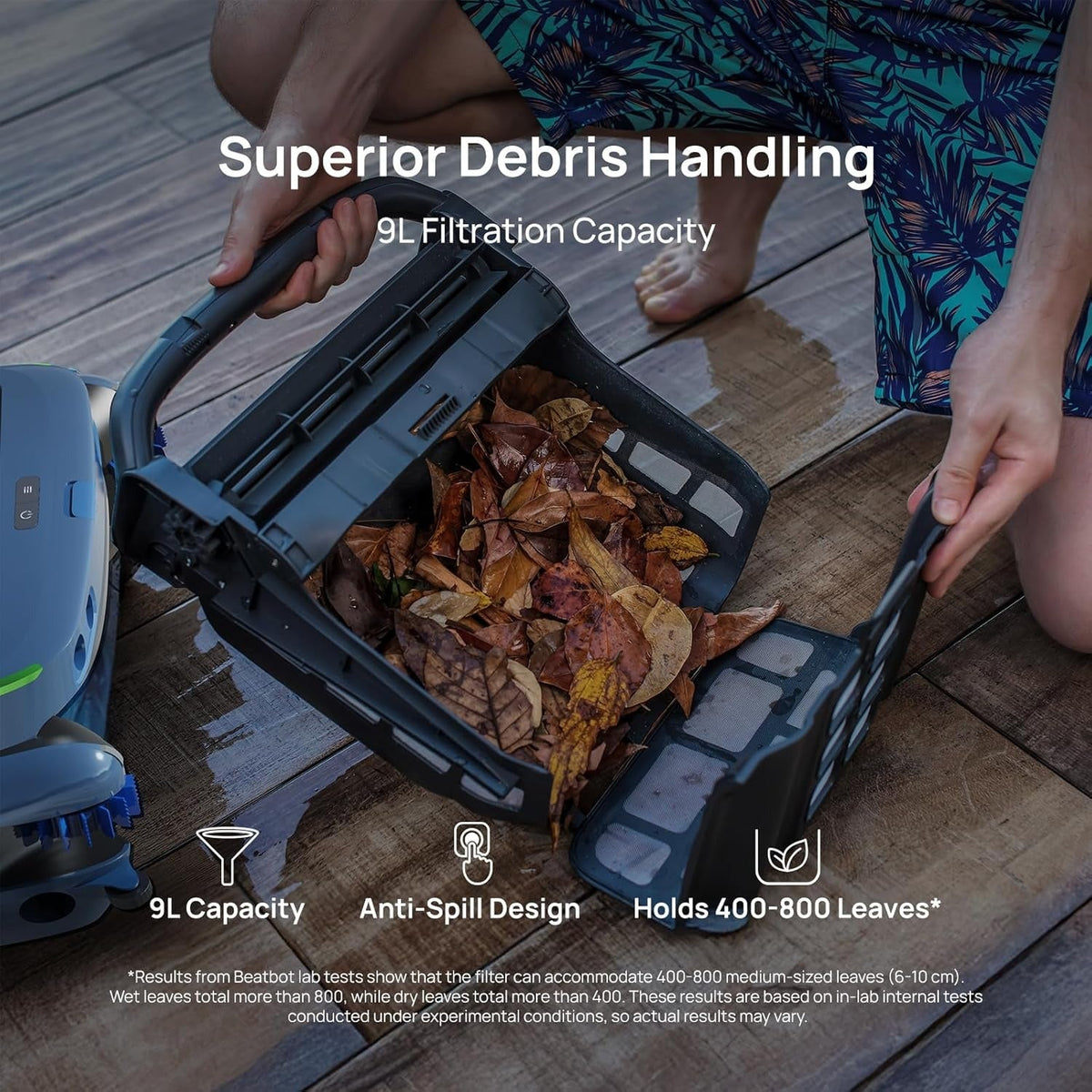 Hands lifting a 9 L skimmer debris basket full of leaves