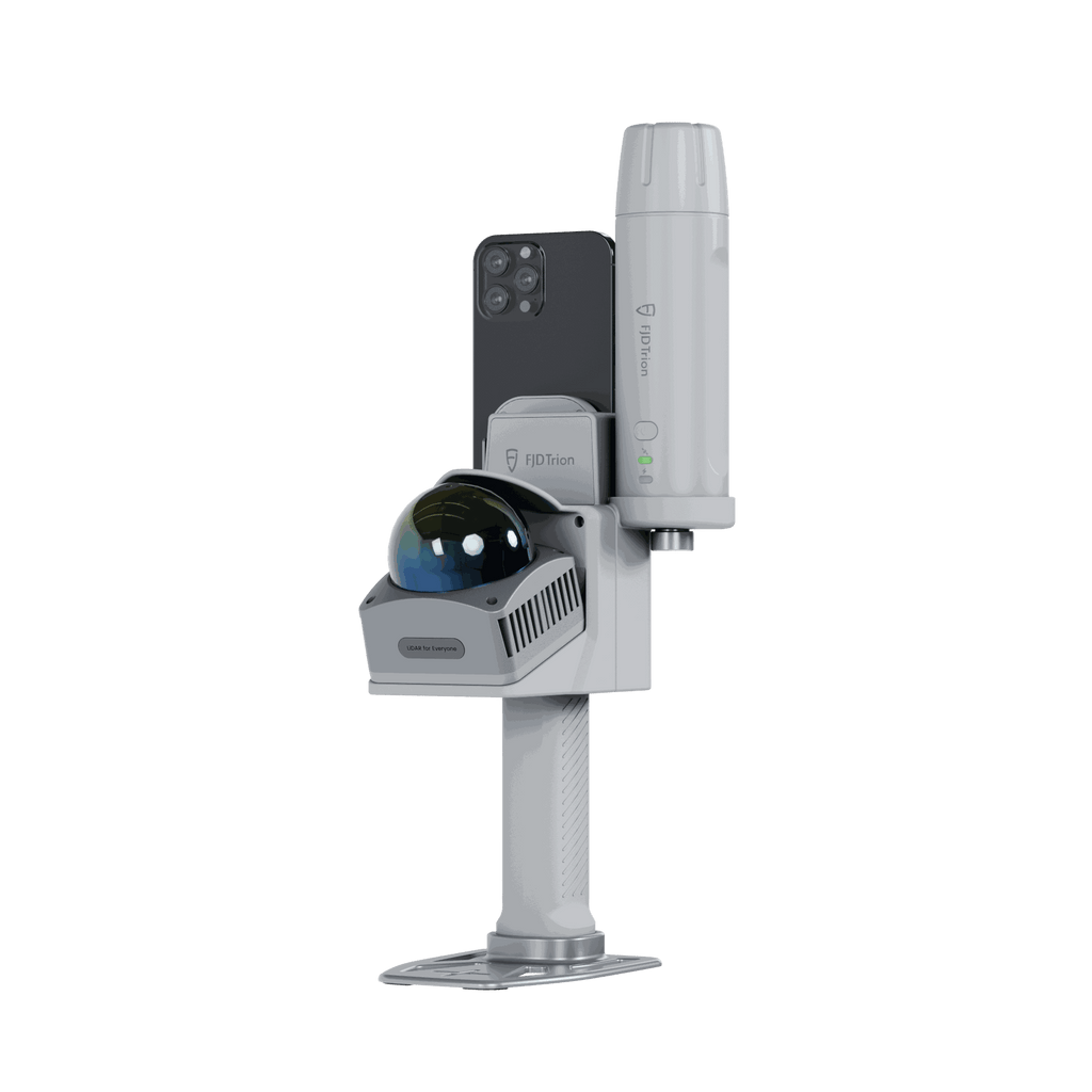 FJD Trion V4e Go handheld LiDAR scanner with GNSS receiver and smartphone mounted