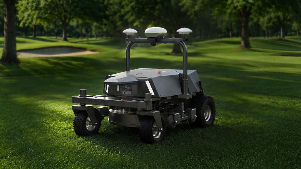 FJD Rough Ranger robotic mower on a golf course fairway with RTK antennas