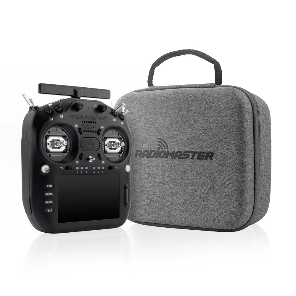 RadioMaster TX16S MK3 radio beside its signature carry case