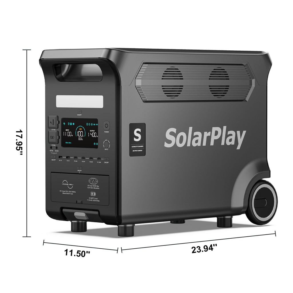 SolarPlay Q3600 power station with dimensions: 23.94 in long, 17.95 in high, 11.50 in deep