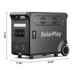 SolarPlay Q3600 power station with dimensions: 23.94 in long, 17.95 in high, 11.50 in deep