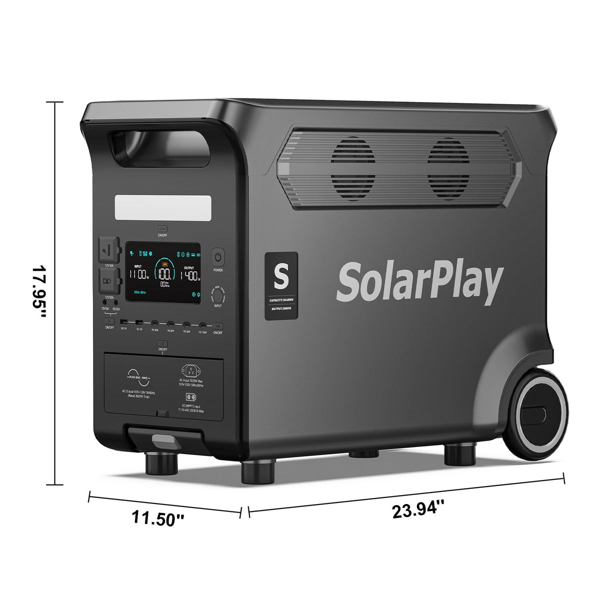 SolarPlay Q3600 power station with dimensions: 23.94 in long, 17.95 in high, 11.50 in deep
