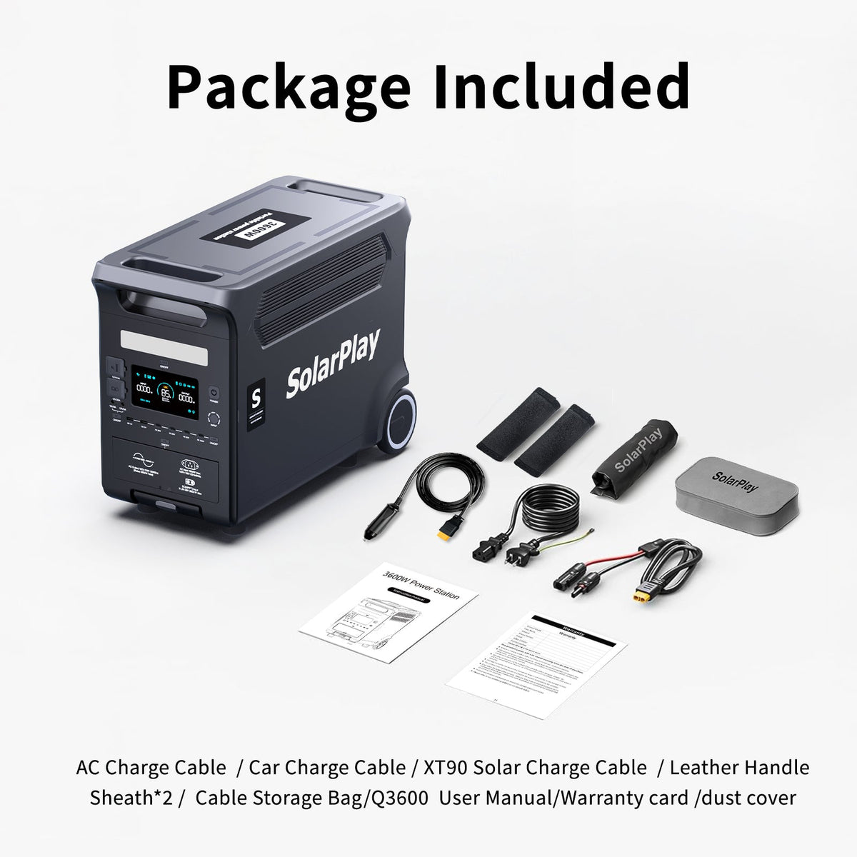 SolarPlay Q3600 package contents: power station, AC and car charge cables, solar charge cable and manual