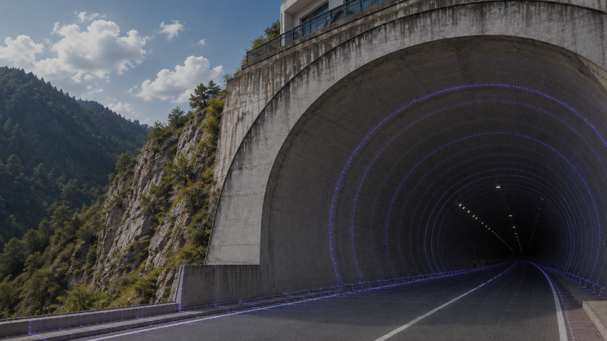 Road tunnel portal scanned with LiDAR, illustrating FJD Trion V100F cross-section capture