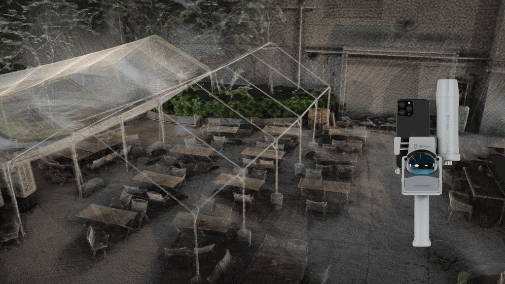 FJD Trion V4e LiDAR next to a point cloud of an outdoor terrace