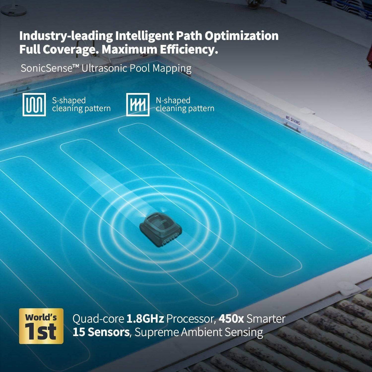 Beatbot AquaSense graphic showing S-shaped and N-shaped cleaning paths with SonicSense pool mapping