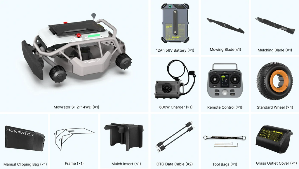 Mowrator S1 4WD Remote Control Mower - 75% Slope, Leaf Vacuum