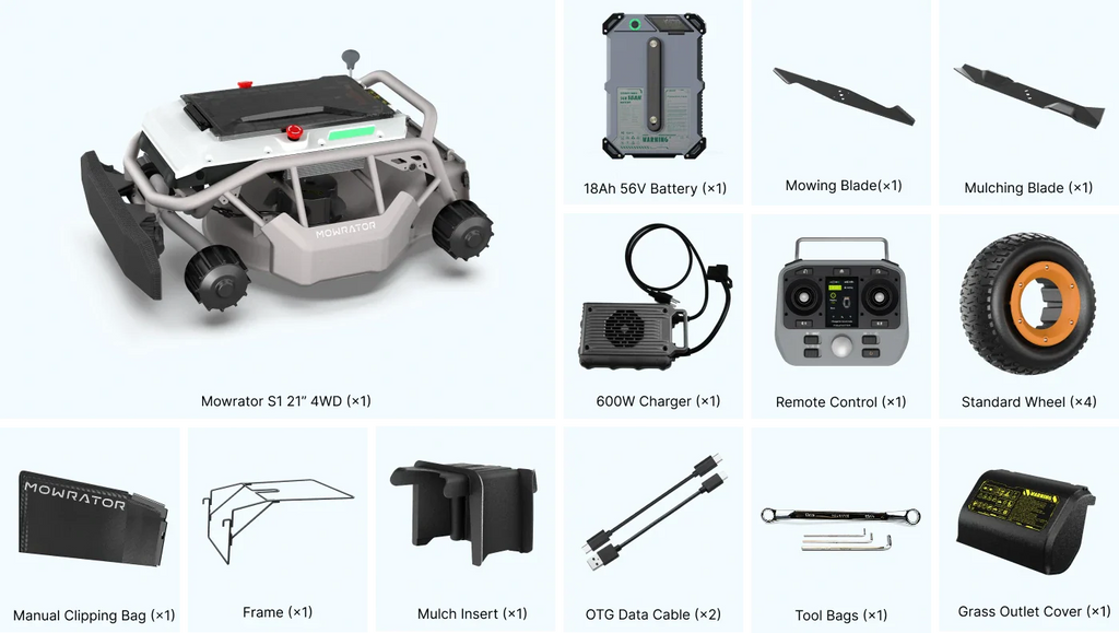 Mowrator S1 4WD Remote Control Mower - 75% Slope, Leaf Vacuum
